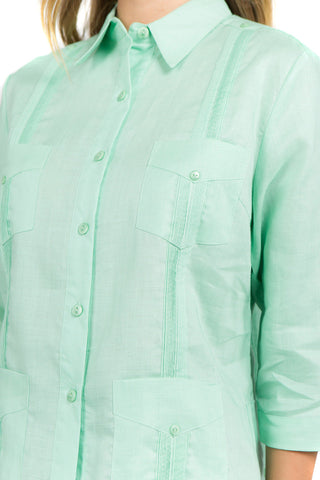 Mojito Women's Premium Linen Guayabera Shirt – 3/4 Sleeve Traditional 4-Pocket Style