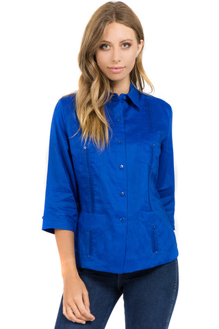 Mojito Women's Premium Linen Guayabera Shirt – 3/4 Sleeve Traditional 4-Pocket Style
