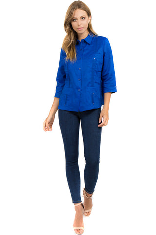 Mojito Women's Premium Linen Guayabera Shirt – 3/4 Sleeve Traditional 4-Pocket Style
