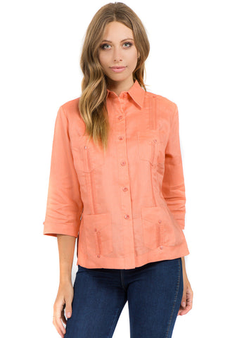 Mojito Women's Premium Linen Guayabera Shirt – 3/4 Sleeve Traditional 4-Pocket Style