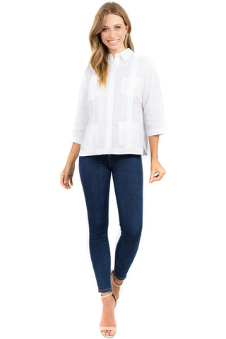 Mojito Women's Premium Linen Guayabera Shirt – 3/4 Sleeve Traditional 4-Pocket Style