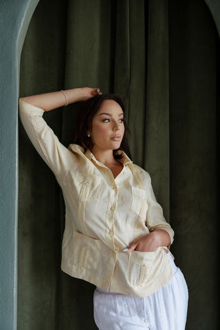 Mojito Women's Premium Linen Guayabera Shirt – 3/4 Sleeve Traditional 4-Pocket Style