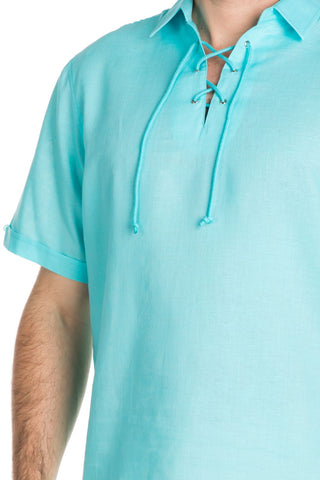 Men's Beach Resort Wear Linen Shirt Short Sleeve Lace Up Collar - Mojito Collection - Beachwear, Mens Shirt, Mojito Linen Shirt, Resort Wear, Short Sleeve Shirt