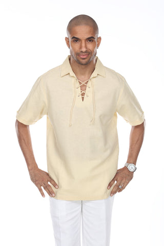 Men's Beach Resort Wear Linen Shirt Short Sleeve Lace Up Collar - Mojito Collection - Beachwear, Mens Shirt, Mojito Linen Shirt, Resort Wear, Short Sleeve Shirt