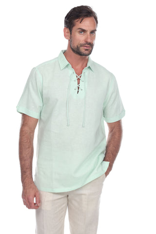 Men's Beach Resort Wear Linen Shirt Short Sleeve Lace Up Collar - Mojito Collection - Beachwear, Mens Shirt, Mojito Linen Shirt, Resort Wear, Short Sleeve Shirt