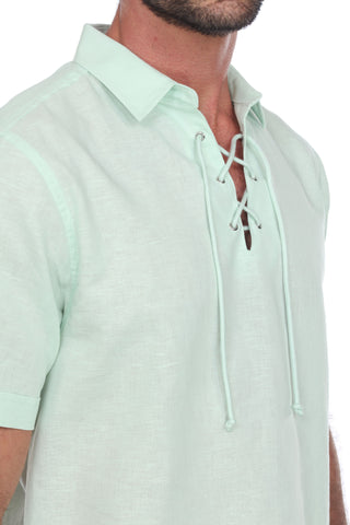 Men's Beach Resort Wear Linen Shirt Short Sleeve Lace Up Collar - Mojito Collection - Beachwear, Mens Shirt, Mojito Linen Shirt, Resort Wear, Short Sleeve Shirt