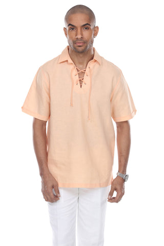 Men's Beach Resort Wear Linen Shirt Short Sleeve Lace Up Collar - Mojito Collection - Beachwear, Mens Shirt, Mojito Linen Shirt, Resort Wear, Short Sleeve Shirt