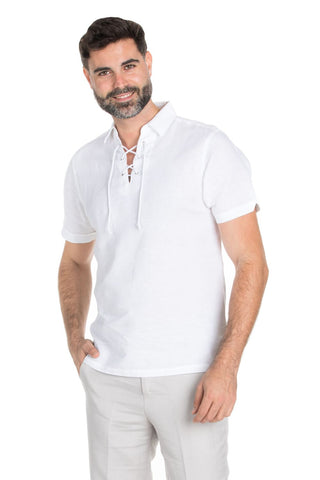 Men's Beach Resort Wear Linen Shirt Short Sleeve Lace Up Collar - Mojito Collection - Beachwear, Mens Shirt, Mojito Linen Shirt, Resort Wear, Short Sleeve Shirt