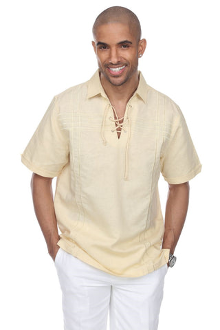 Men's Beach Resort Wear Embroidered Linen Shirt Short Sleeve Lace Up Collar - Mojito Collection - Beachwear, Mens Shirt, Mojito Linen Shirt, Resort Wear, Short Sleeve Shirt