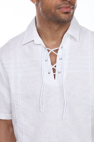 Men's Beach Resort Wear Embroidered Linen Shirt Short Sleeve Lace Up Collar - Mojito Collection - Beachwear, Mens Shirt, Mojito Linen Shirt, Resort Wear, Short Sleeve Shirt