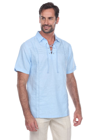 Men's Beach Resort Wear Embroidered Linen Shirt Short Sleeve Lace Up Collar - Mojito Collection - Beachwear, Mens Shirt, Mojito Linen Shirt, Resort Wear, Short Sleeve Shirt