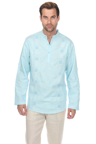 Casual Linen Blend Mandarin Collar Stitched Embroidery Henley Long Sleeve Shirt - Mojito Collection - Beachwear, Mens Shirt, Mojito Linen Shirt, Resort Wear, Short Sleeve Linen Shirt, Short S