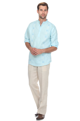 Casual Linen Blend Mandarin Collar Stitched Embroidery Henley Long Sleeve Shirt - Mojito Collection - Beachwear, Mens Shirt, Mojito Linen Shirt, Resort Wear, Short Sleeve Linen Shirt, Short S