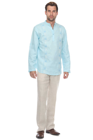 Casual Linen Blend Mandarin Collar Stitched Embroidery Henley Long Sleeve Shirt - Mojito Collection - Beachwear, Mens Shirt, Mojito Linen Shirt, Resort Wear, Short Sleeve Linen Shirt, Short S