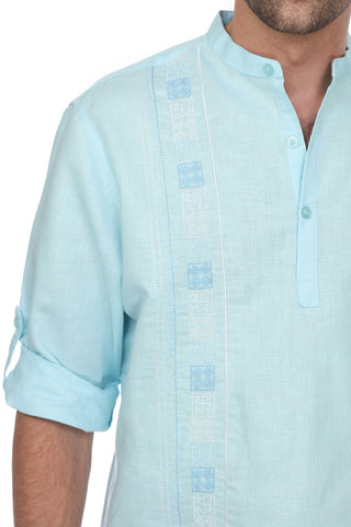 Casual Linen Blend Mandarin Collar Stitched Embroidery Henley Long Sleeve Shirt - Mojito Collection - Beachwear, Mens Shirt, Mojito Linen Shirt, Resort Wear, Short Sleeve Linen Shirt, Short S
