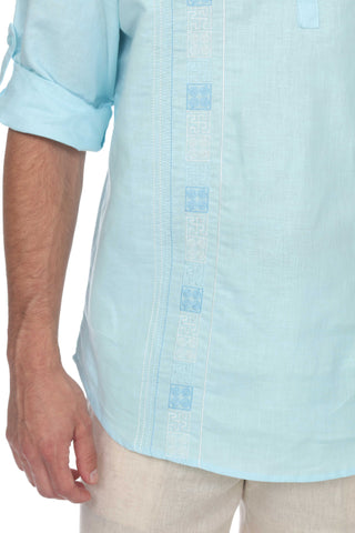 Casual Linen Blend Mandarin Collar Stitched Embroidery Henley Long Sleeve Shirt - Mojito Collection - Beachwear, Mens Shirt, Mojito Linen Shirt, Resort Wear, Short Sleeve Linen Shirt, Short S