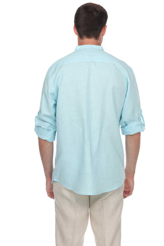 Casual Linen Blend Mandarin Collar Stitched Embroidery Henley Long Sleeve Shirt - Mojito Collection - Beachwear, Mens Shirt, Mojito Linen Shirt, Resort Wear, Short Sleeve Linen Shirt, Short S