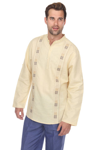 Casual Linen Blend Mandarin Collar Stitched Embroidery Henley Long Sleeve Shirt - Mojito Collection - Beachwear, Mens Shirt, Mojito Linen Shirt, Resort Wear, Short Sleeve Linen Shirt, Short S