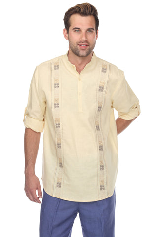 Casual Linen Blend Mandarin Collar Stitched Embroidery Henley Long Sleeve Shirt - Mojito Collection - Beachwear, Mens Shirt, Mojito Linen Shirt, Resort Wear, Short Sleeve Linen Shirt, Short S