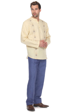 Casual Linen Blend Mandarin Collar Stitched Embroidery Henley Long Sleeve Shirt - Mojito Collection - Beachwear, Mens Shirt, Mojito Linen Shirt, Resort Wear, Short Sleeve Linen Shirt, Short S