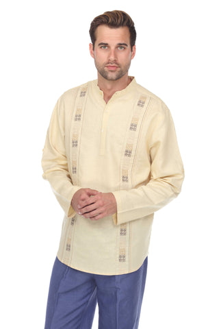 Casual Linen Blend Mandarin Collar Stitched Embroidery Henley Long Sleeve Shirt - Mojito Collection - Beachwear, Mens Shirt, Mojito Linen Shirt, Resort Wear, Short Sleeve Linen Shirt, Short S