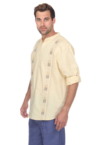 Casual Linen Blend Mandarin Collar Stitched Embroidery Henley Long Sleeve Shirt - Mojito Collection - Beachwear, Mens Shirt, Mojito Linen Shirt, Resort Wear, Short Sleeve Linen Shirt, Short S