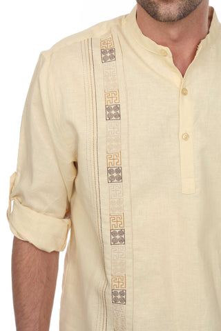 Casual Linen Blend Mandarin Collar Stitched Embroidery Henley Long Sleeve Shirt - Mojito Collection - Beachwear, Mens Shirt, Mojito Linen Shirt, Resort Wear, Short Sleeve Linen Shirt, Short S