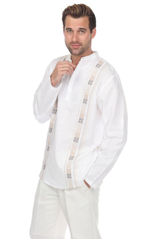 Casual Linen Blend Mandarin Collar Stitched Embroidery Henley Long Sleeve Shirt - Mojito Collection - Beachwear, Mens Shirt, Mojito Linen Shirt, Resort Wear, Short Sleeve Linen Shirt, Short S