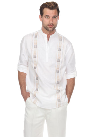Casual Linen Blend Mandarin Collar Stitched Embroidery Henley Long Sleeve Shirt - Mojito Collection - Beachwear, Mens Shirt, Mojito Linen Shirt, Resort Wear, Short Sleeve Linen Shirt, Short S