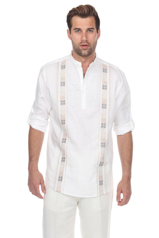 Casual Linen Blend Mandarin Collar Stitched Embroidery Henley Long Sleeve Shirt - Mojito Collection - Beachwear, Mens Shirt, Mojito Linen Shirt, Resort Wear, Short Sleeve Linen Shirt, Short S