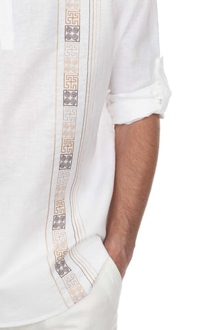 Casual Linen Blend Mandarin Collar Stitched Embroidery Henley Long Sleeve Shirt - Mojito Collection - Beachwear, Mens Shirt, Mojito Linen Shirt, Resort Wear, Short Sleeve Linen Shirt, Short S