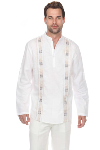 Casual Linen Blend Mandarin Collar Stitched Embroidery Henley Long Sleeve Shirt - Mojito Collection - Beachwear, Mens Shirt, Mojito Linen Shirt, Resort Wear, Short Sleeve Linen Shirt, Short S