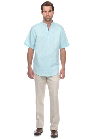 Casual Linen Blend Stitched Embroidery Mandarin Collar Henley Short Sleeve Shirt - Mojito Collection - Beachwear, Mens Shirt, Mojito Linen Shirt, Resort Wear, Short Sleeve Linen Shirt, Short 