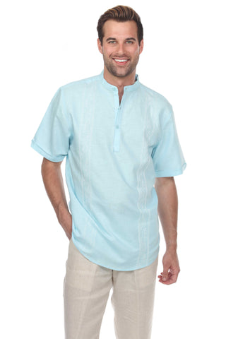 Casual Linen Blend Stitched Embroidery Mandarin Collar Henley Short Sleeve Shirt - Mojito Collection - Beachwear, Mens Shirt, Mojito Linen Shirt, Resort Wear, Short Sleeve Linen Shirt, Short 
