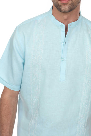Casual Linen Blend Stitched Embroidery Mandarin Collar Henley Short Sleeve Shirt - Mojito Collection - Beachwear, Mens Shirt, Mojito Linen Shirt, Resort Wear, Short Sleeve Linen Shirt, Short 
