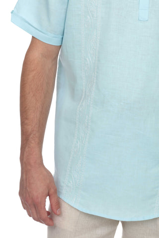 Casual Linen Blend Stitched Embroidery Mandarin Collar Henley Short Sleeve Shirt - Mojito Collection - Beachwear, Mens Shirt, Mojito Linen Shirt, Resort Wear, Short Sleeve Linen Shirt, Short 