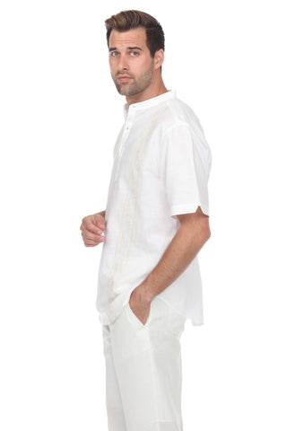 Casual Linen Blend Stitched Embroidery Mandarin Collar Henley Short Sleeve Shirt - Mojito Collection - Beachwear, Mens Shirt, Mojito Linen Shirt, Resort Wear, Short Sleeve Linen Shirt, Short 