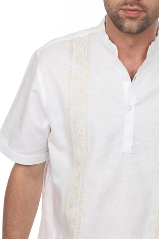 Casual Linen Blend Stitched Embroidery Mandarin Collar Henley Short Sleeve Shirt - Mojito Collection - Beachwear, Mens Shirt, Mojito Linen Shirt, Resort Wear, Short Sleeve Linen Shirt, Short 