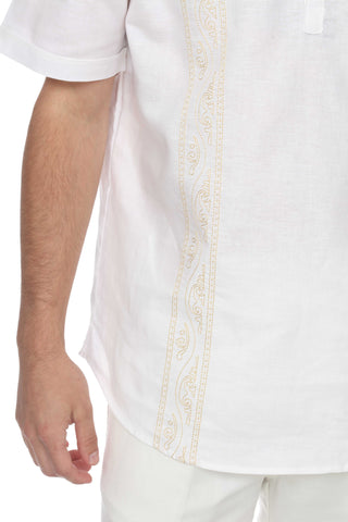 Casual Linen Blend Stitched Embroidery Mandarin Collar Henley Short Sleeve Shirt - Mojito Collection - Beachwear, Mens Shirt, Mojito Linen Shirt, Resort Wear, Short Sleeve Linen Shirt, Short 