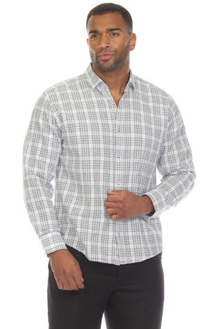 Slim Fit Casual Linen Blend Shirt Long Sleeve Checker Print Button Down