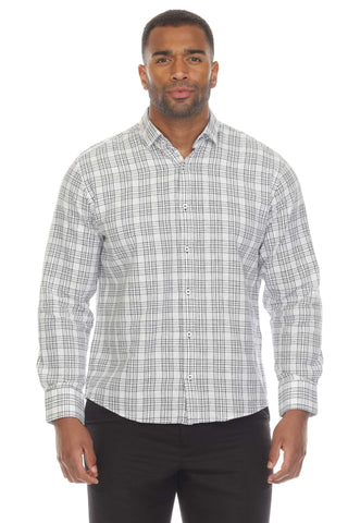 Slim Fit Casual Linen Blend Shirt Long Sleeve Checker Print Button Down