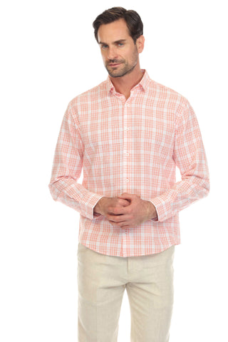 Slim Fit Casual Linen Blend Shirt Long Sleeve Checker Print Button Down