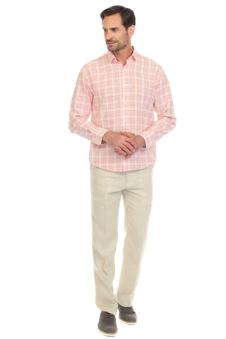 Slim Fit Casual Linen Blend Shirt Long Sleeve Checker Print Button Down