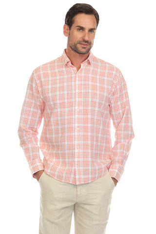 Slim Fit Casual Linen Blend Shirt Long Sleeve Checker Print Button Down