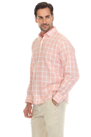 Slim Fit Casual Linen Blend Shirt Long Sleeve Checker Print Button Down