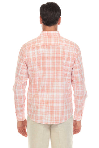 Slim Fit Casual Linen Blend Shirt Long Sleeve Checker Print Button Down