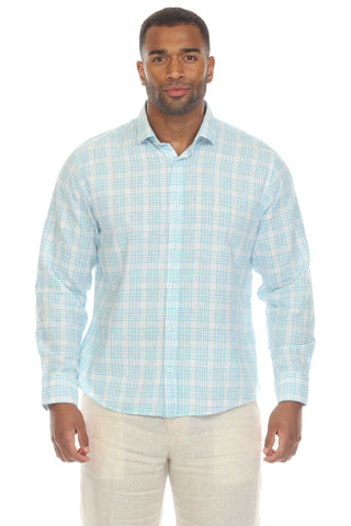 Slim Fit Casual Linen Blend Shirt Long Sleeve Checker Print Button Down