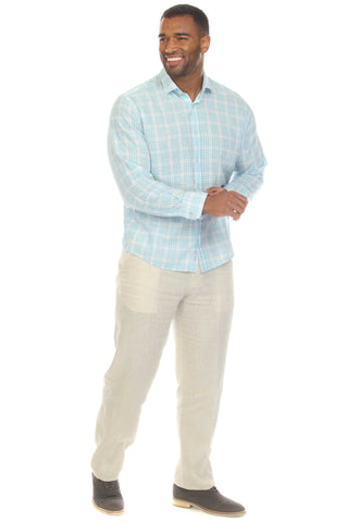 Slim Fit Casual Linen Blend Shirt Long Sleeve Checker Print Button Down