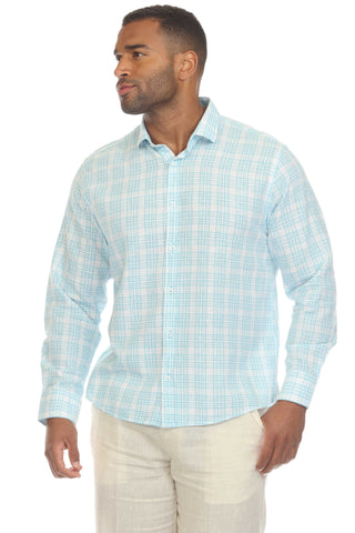 Slim Fit Casual Linen Blend Shirt Long Sleeve Checker Print Button Down