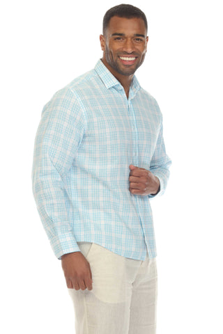 Slim Fit Casual Linen Blend Shirt Long Sleeve Checker Print Button Down